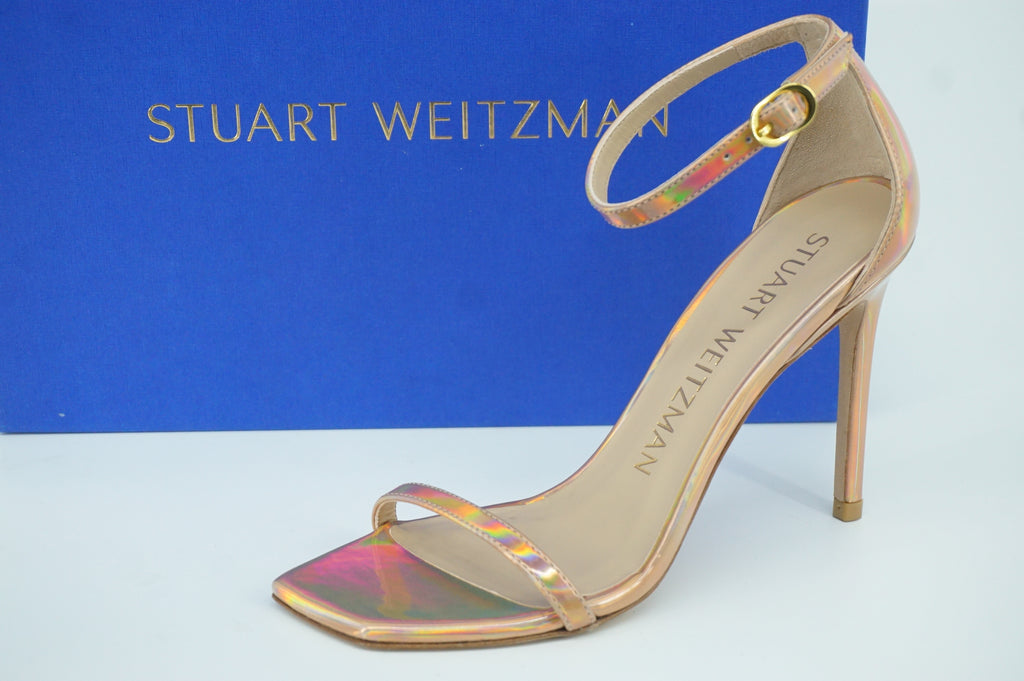 Stuart Weitzman Nudistcurve 100 Hologram Ankle Strappy Sandals Size 7 $475 pink