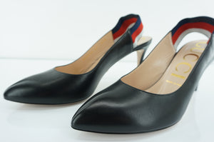 Gucci Sylvie Black Leather Web Strap Pointed Toe Slingback Pumps Size 40 10 $695