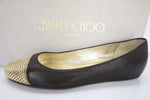 Jimmy Choo Waine Black Leather Gold Studded Cap Toe Ballet Flats SZ 35 NIB $565