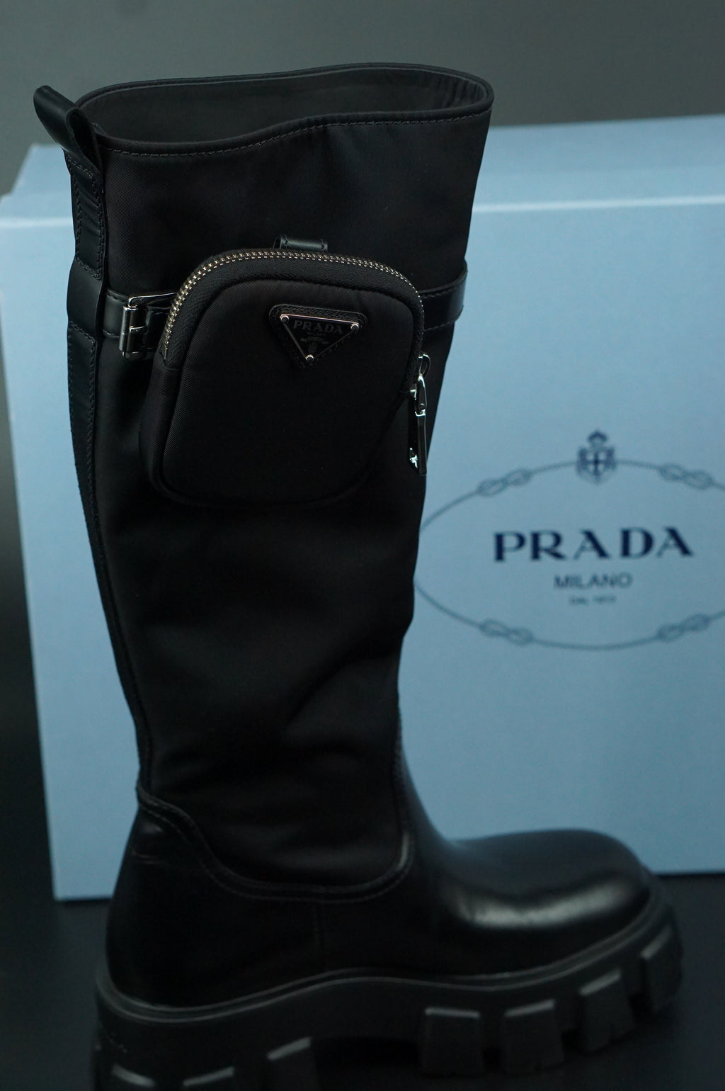 Prada Monolith Nylon Zip Bag Lug Combat Boot SZ 38 Logo Pocket Riding Platform