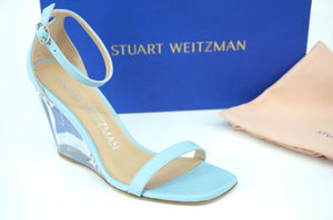 Stuart Weitzman Lucite Wedge Sandal Ankle Straps SZ 7 NIB Air Blue Leather $475