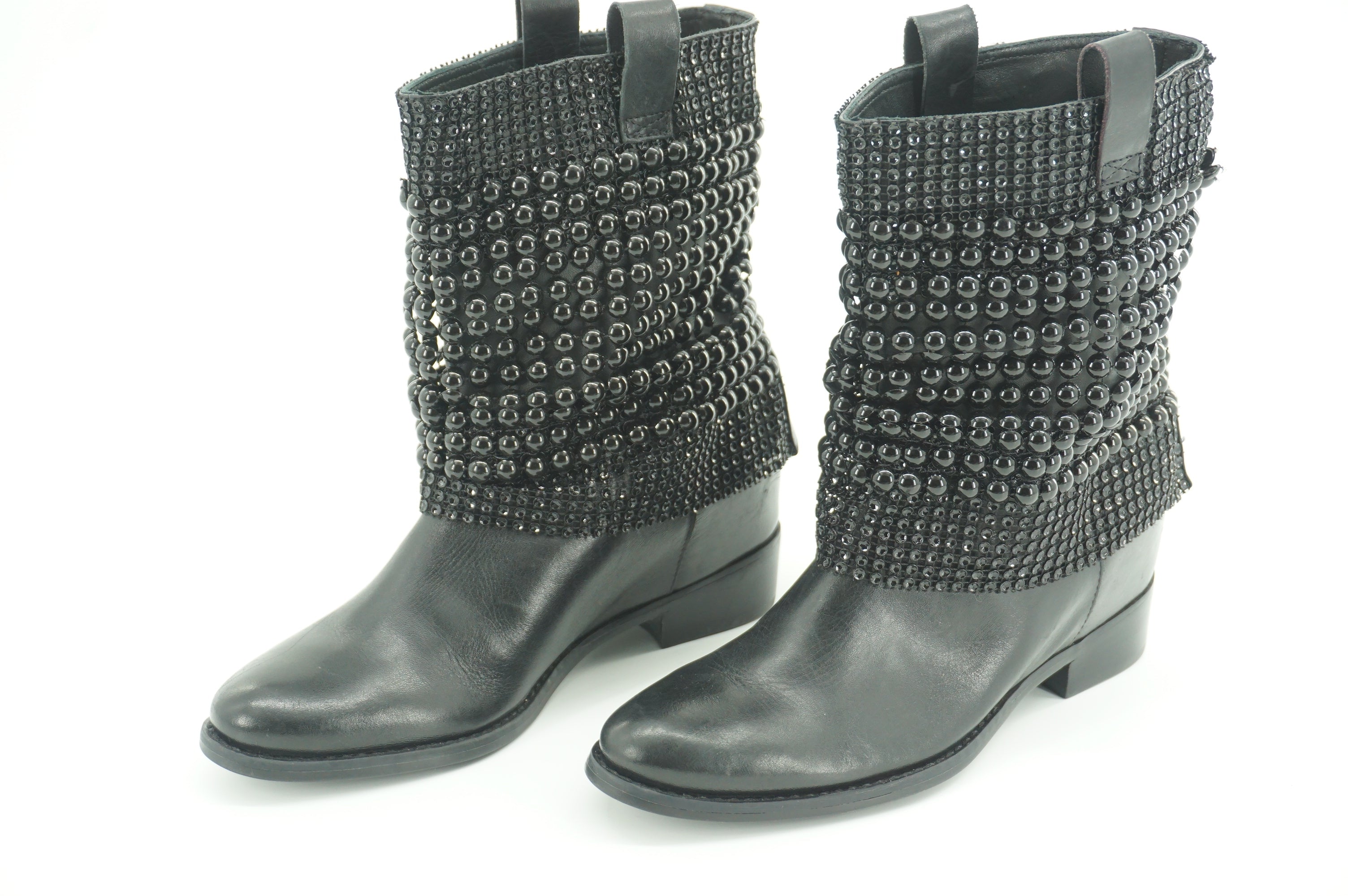 Schutz Bead-embellished Ankle Boots Boots SZ 6 Black Leather Hidden Heel $190