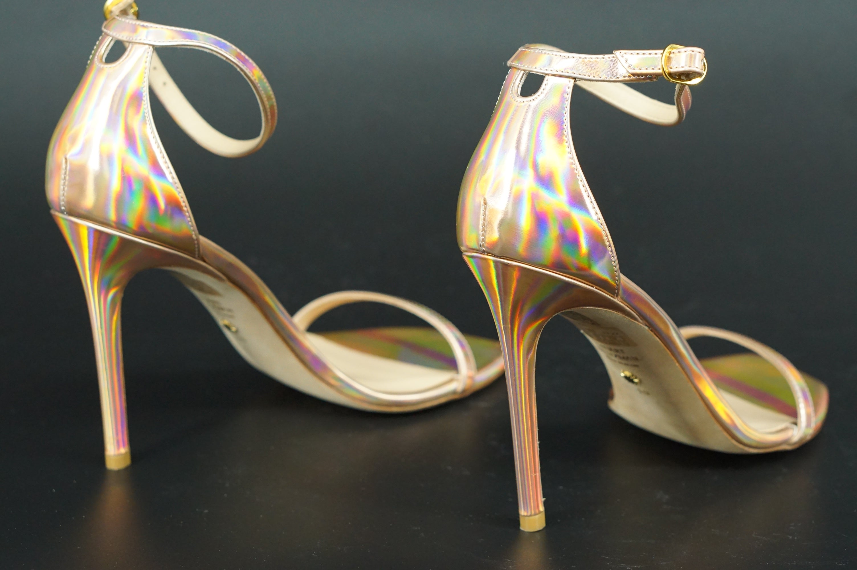 Stuart Weitzman Nudistcurve 100 Hologram Ankle Strappy Sandals Size 10 $475 pink