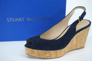 Stuart Weitzman Jean Blue Suede Slingback Cork Wedge Heel Sandal SZ 11 New