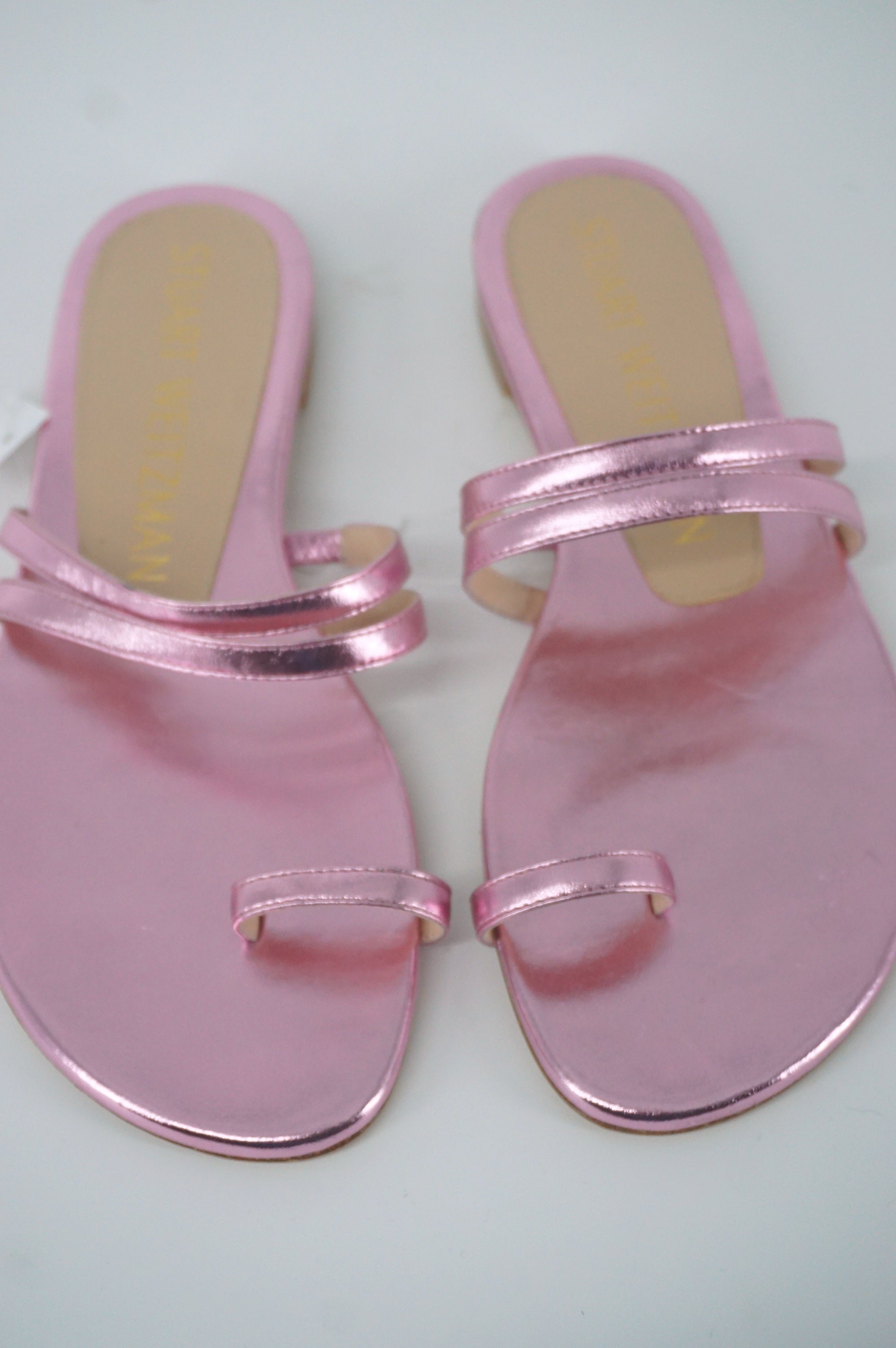 Stuart Weitzman Leonita Slide Pink Metallic Leather Sandals Size 6 New Flat $350
