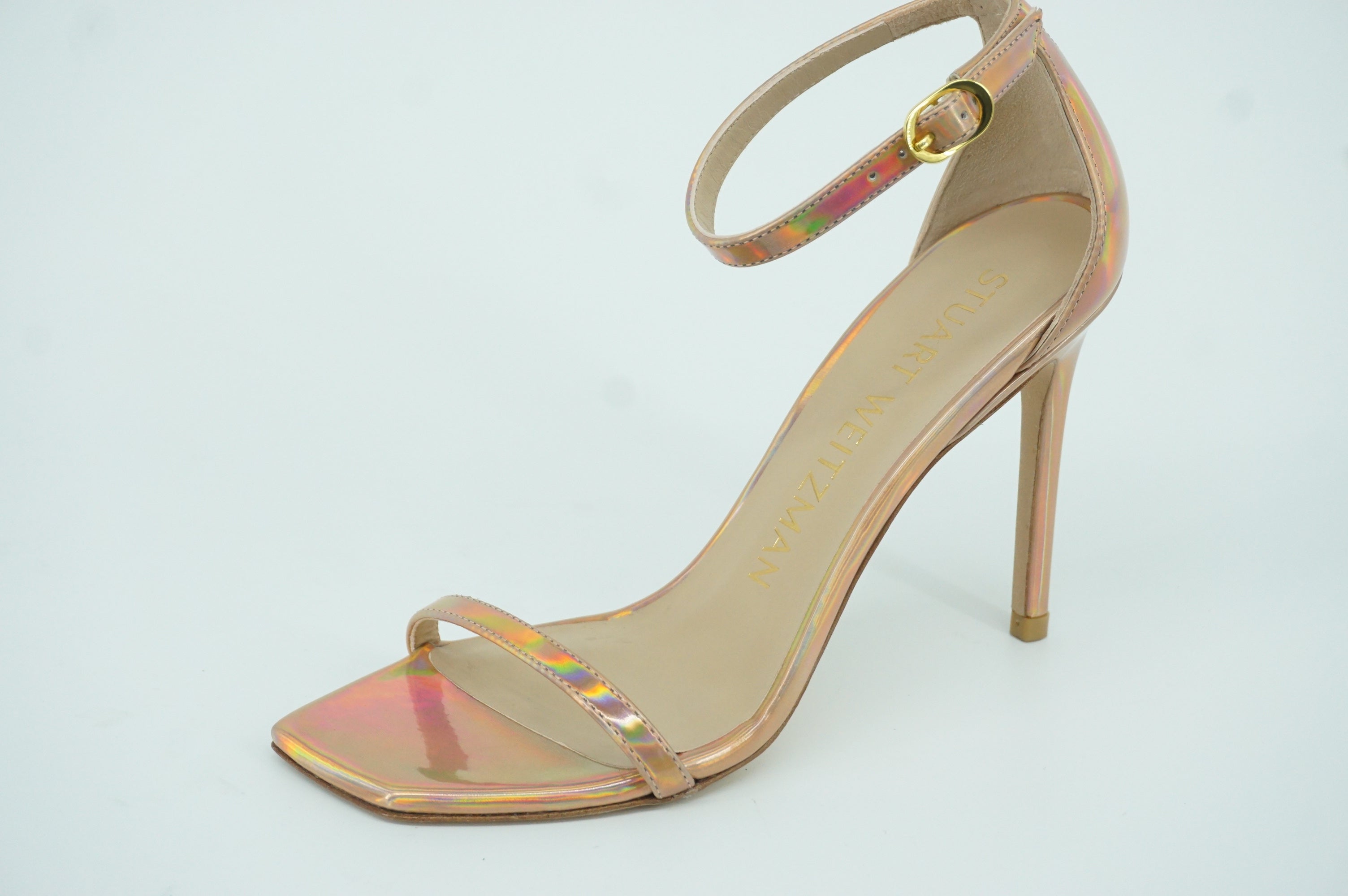 Stuart Weitzman Nudistcurve 100 Hologram Ankle Strappy Sandals Size 7 $475 pink
