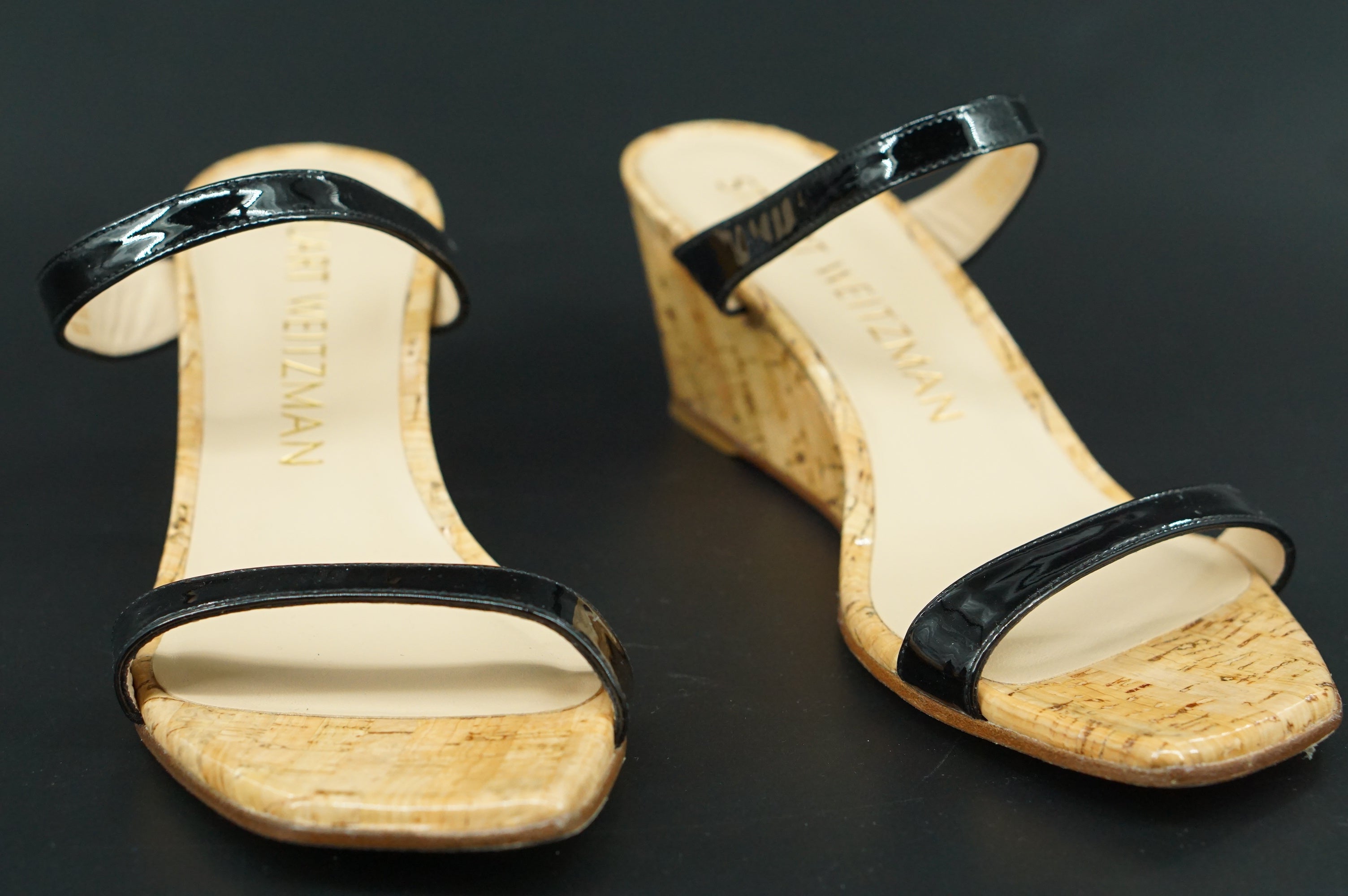 Stuart Weitzman Aleena Patent Leather & Cork Wedge Mules Sandals SZ 8.5 New