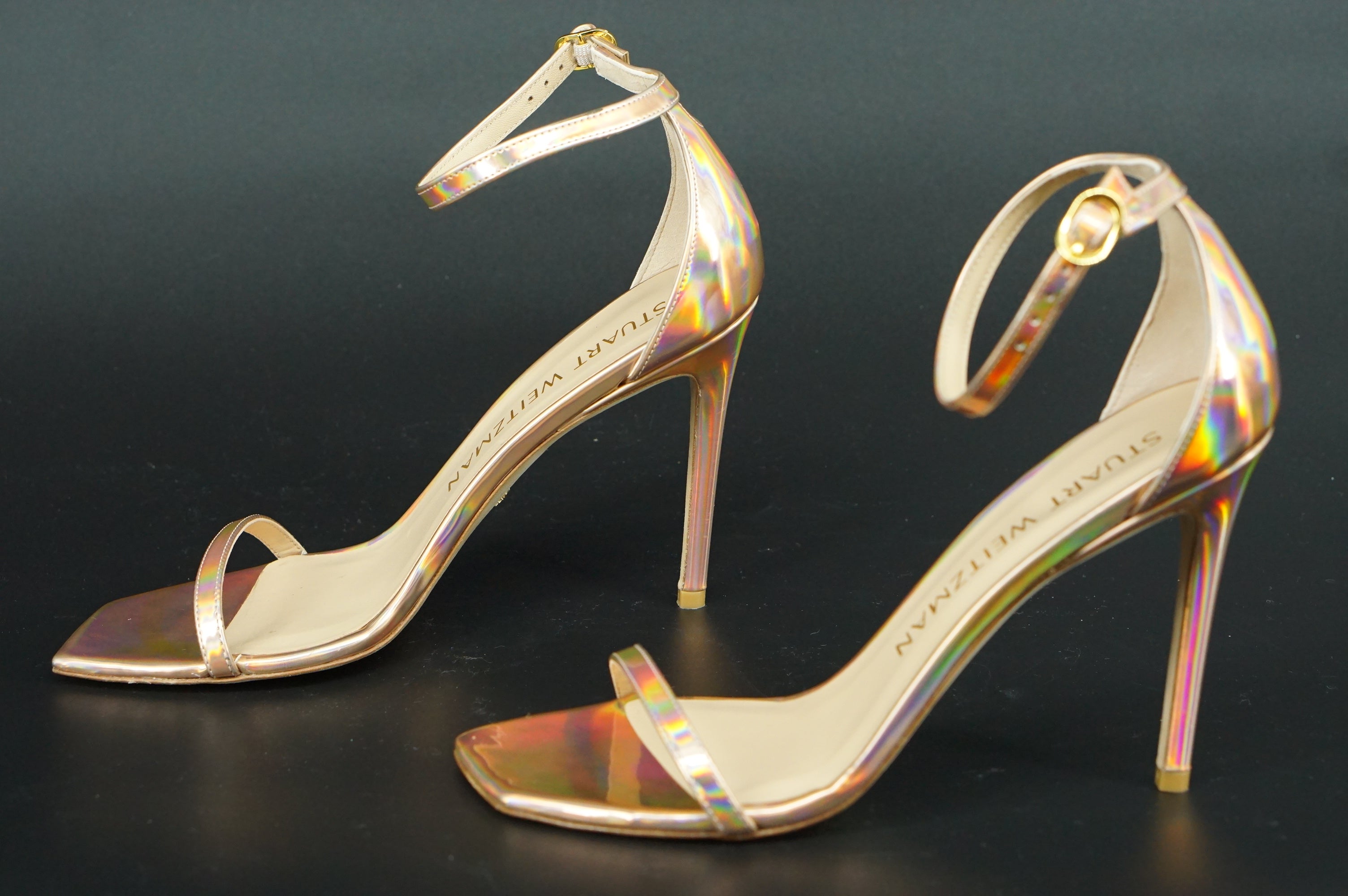 Stuart Weitzman Nudistcurve 100 Hologram Ankle Strappy Sandals Size 10 $475 pink