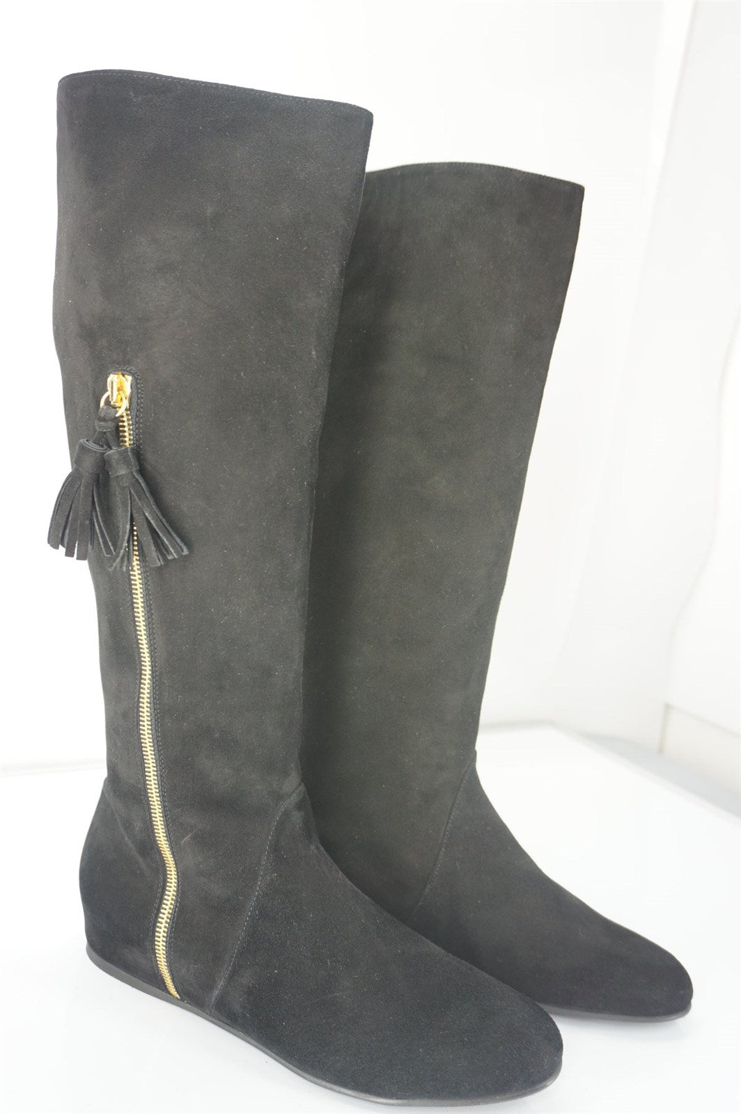 Stuart Weitzman Tass black suede wedge Tall boots size 6.5 New $635 gold zip