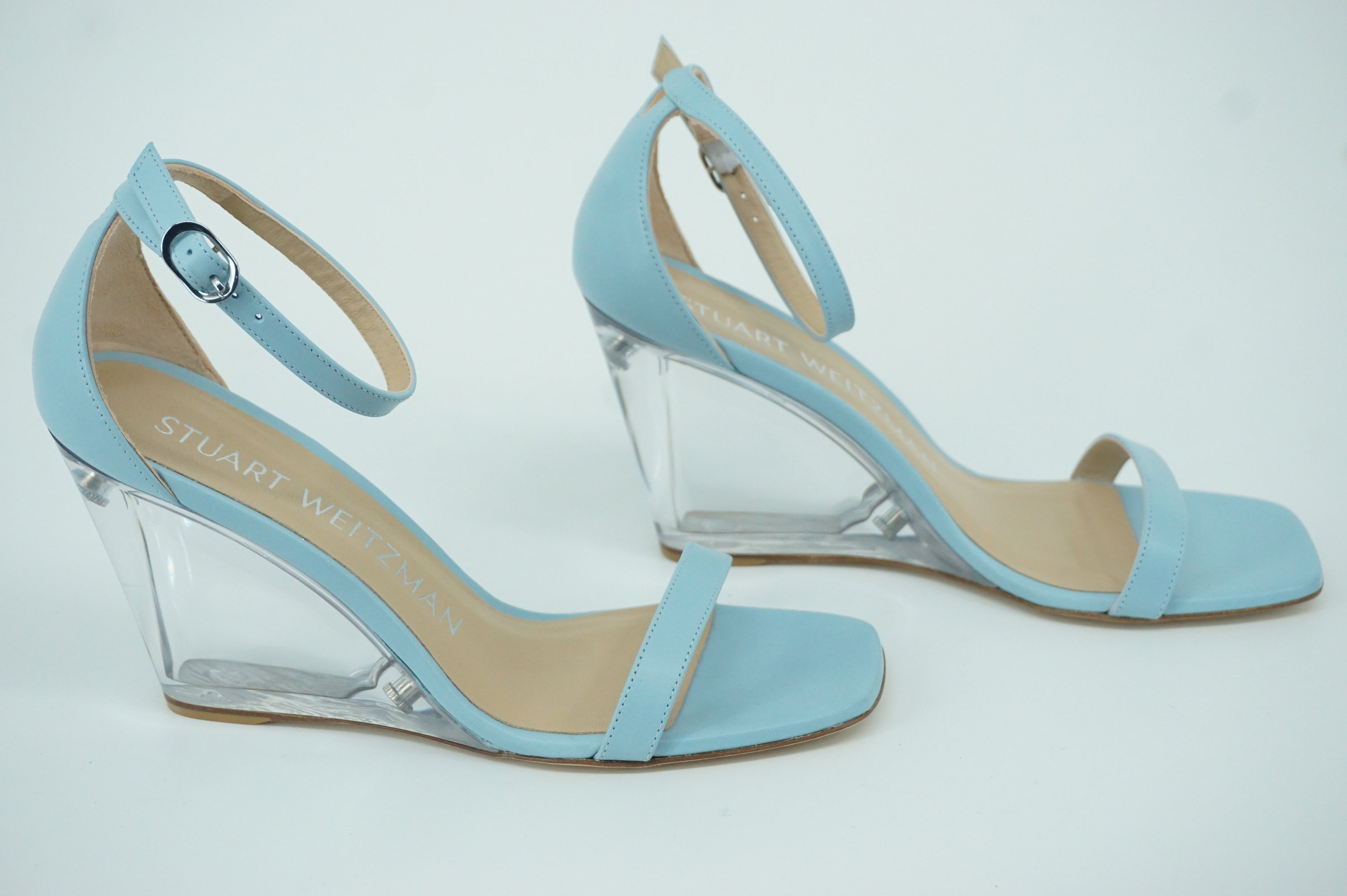 Stuart Weitzman Lucite Wedge Sandal Ankle Straps SZ 7 NIB Air Blue Leather $475