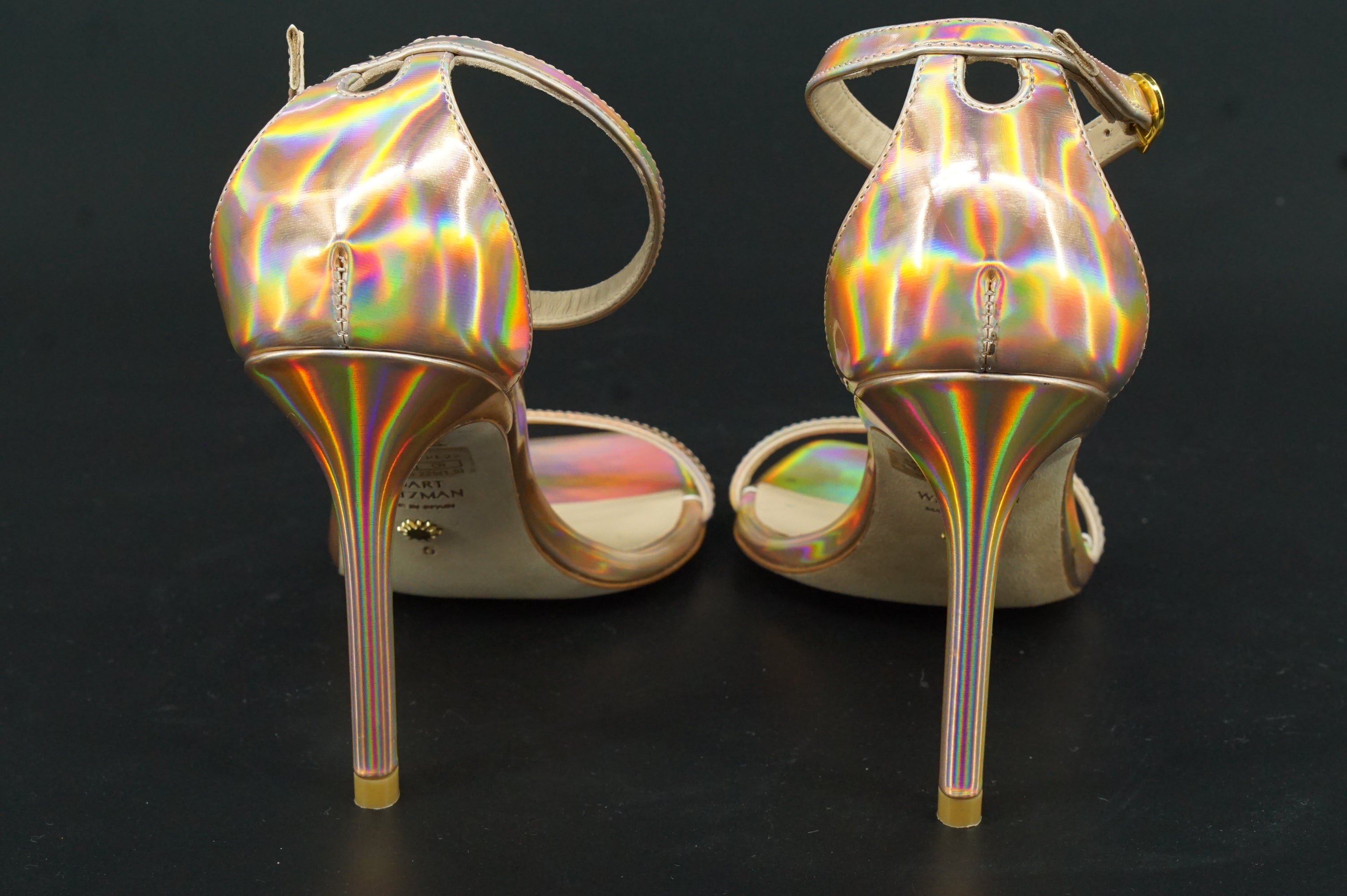Stuart Weitzman Nudistcurve 100 Hologram Ankle Strappy Sandals Size 5 $475 pink