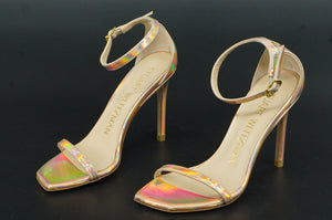 Stuart Weitzman Nudistcurve 100 Hologram Ankle Strappy Sandals Size 5 $475 pink