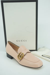 Gucci Malaga GG Pink Kid Leather Loafer Pumps Size 37 NIB Logo $815 Maramont