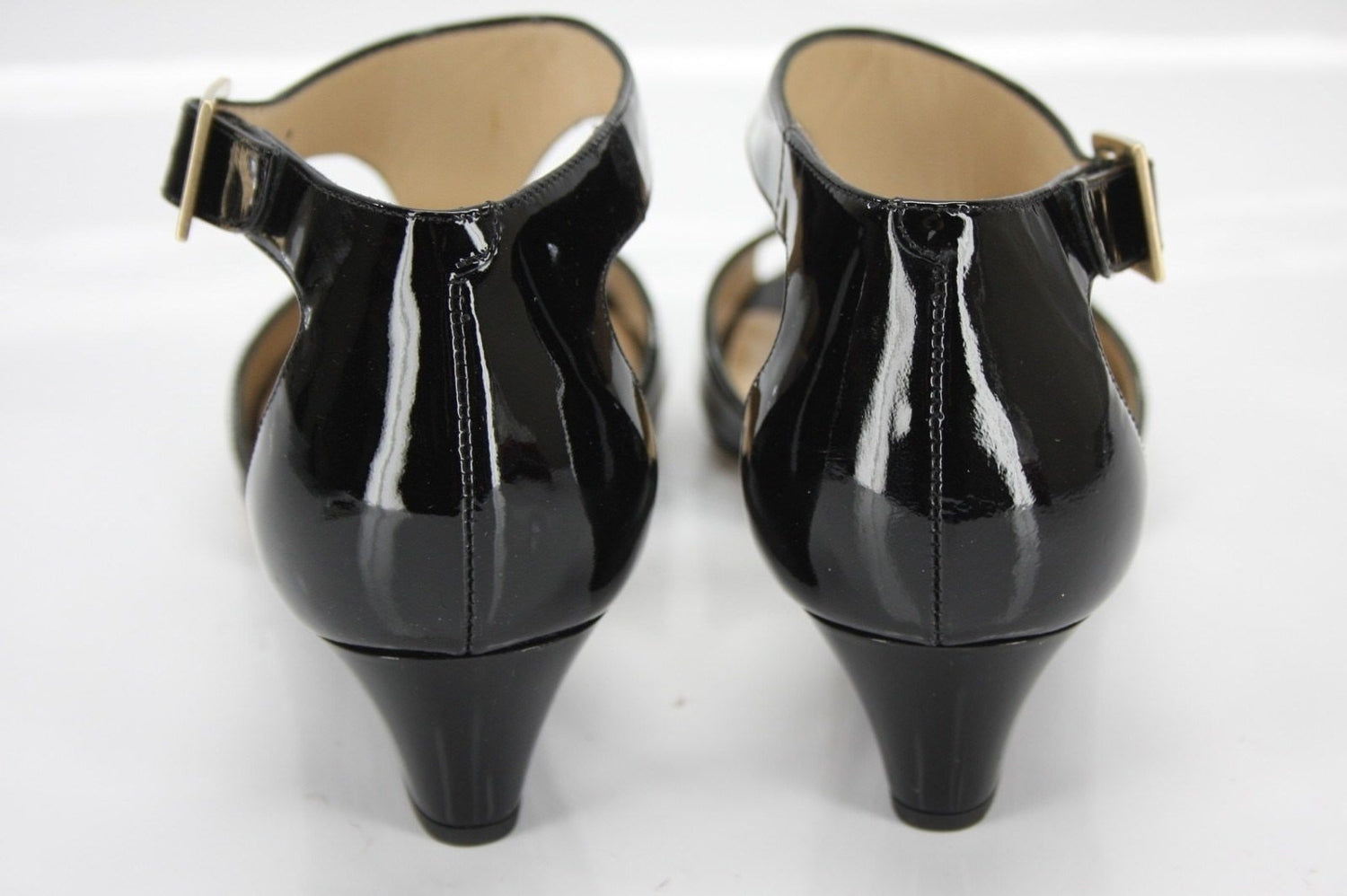 Jimmy Choo Black Patent Leather Treat T Strap Demi Wedge Sandal SZ 35.5 New $675