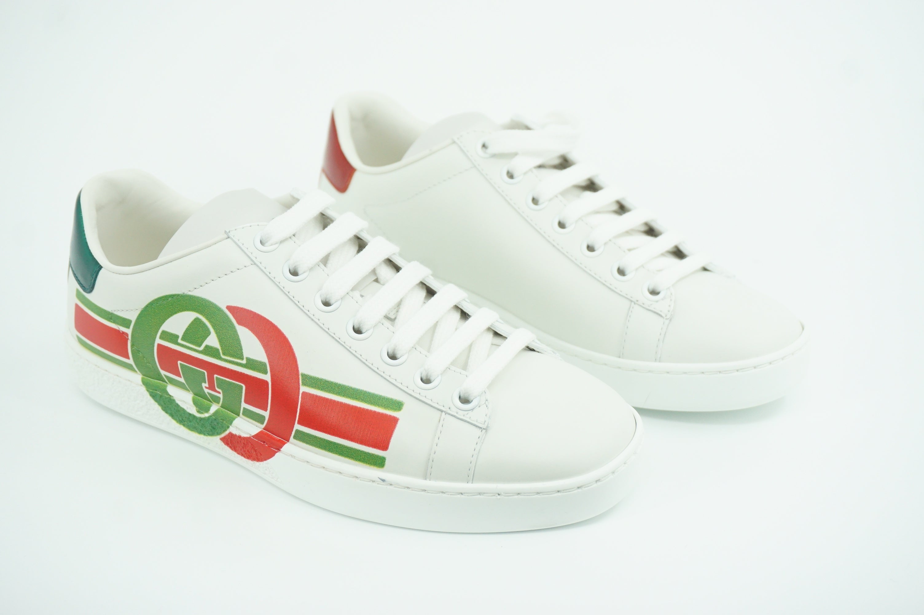 Gucci White Leather Ace Green Red GG Logo Low Top Sneakers SZ 34.5 $890 Lace Up