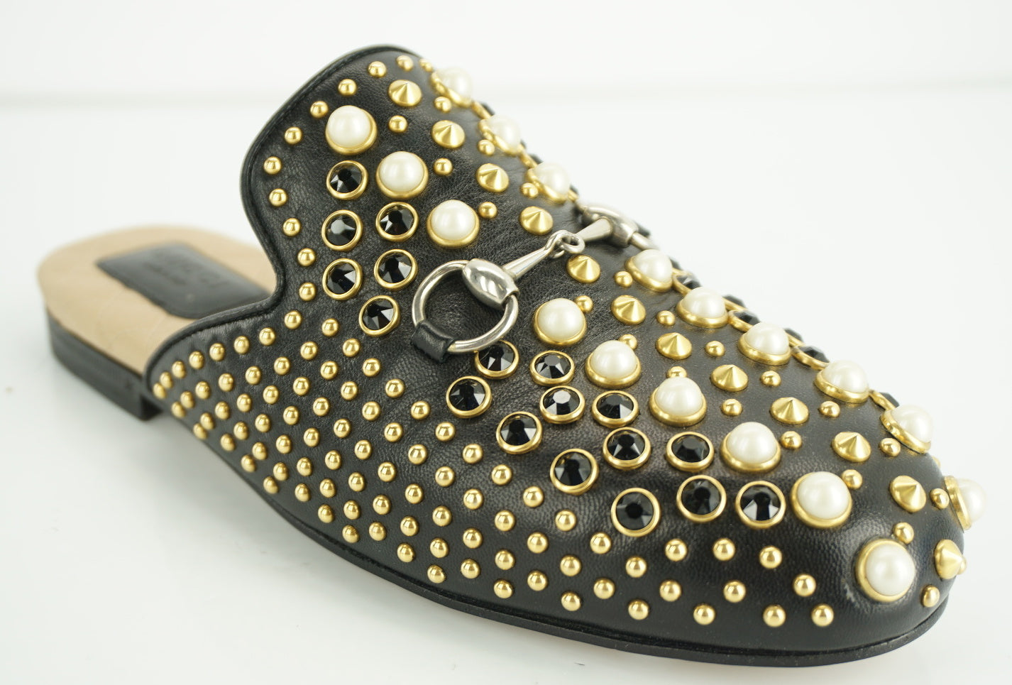 Gucci Womens Princetown Pearl Mule Flats Black Leather Size 35