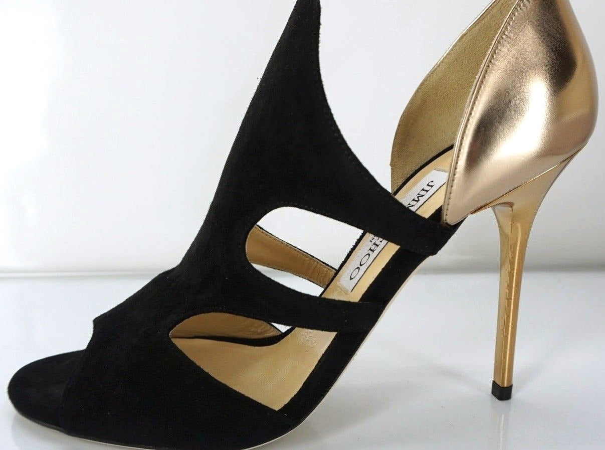 Jimmy Choo Tarine Black Suede Gold Leather Open Toe Cut Out Sandals SZ 38.5 $895