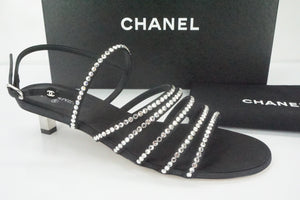 Chanel Crystal Caged Strap Kitten Heel Sandals Size 38 Logo New CC $1075