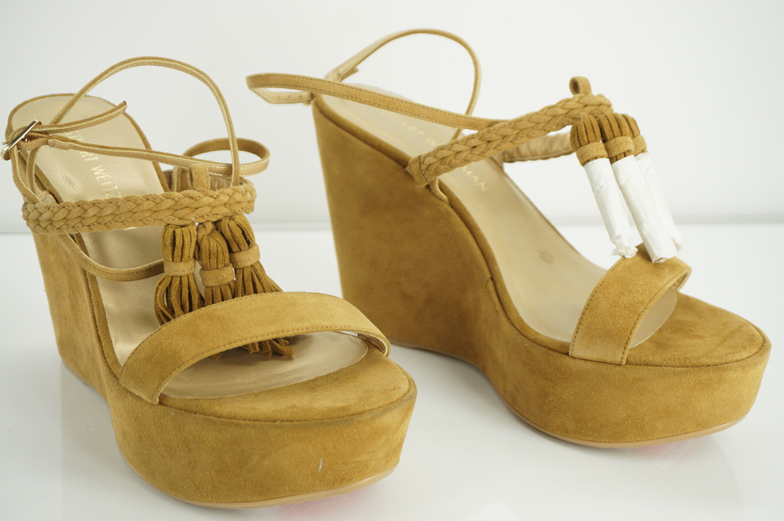 Stuart Weitzman Tasselmania Camel Suede Wedge Sandal Size 10 NIB $455