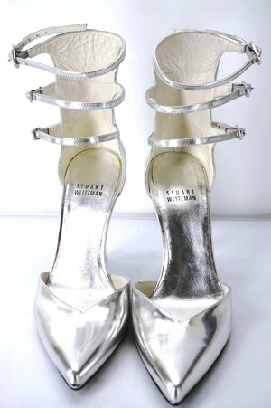 Stuart Weitzman Privacy Silver Pointy Toe Multi Ankle Strap Pumps Size 6.5 Wide