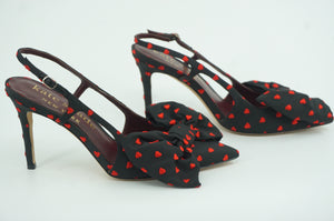 Kate Spade Sheela Printed Heart Black Slingback Ankle Strap Sandals Size 7.5 Bow