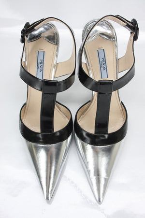 Prada Silver Leather Black T Strap Pointy Toe Leather Pumps Size 39.5 New $750