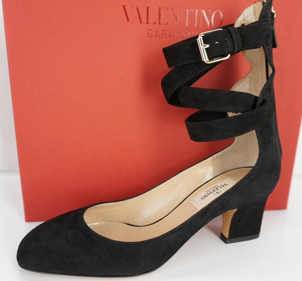 Valentino Plum Ankle Wrap Block Heel Sandal SZ 36.5 Black Suede $995 NIB