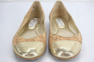 Jimmy Choo Whirl Cork Gold Leather Cap Toe Ballet Flats SZ 35 New $425 Metallic