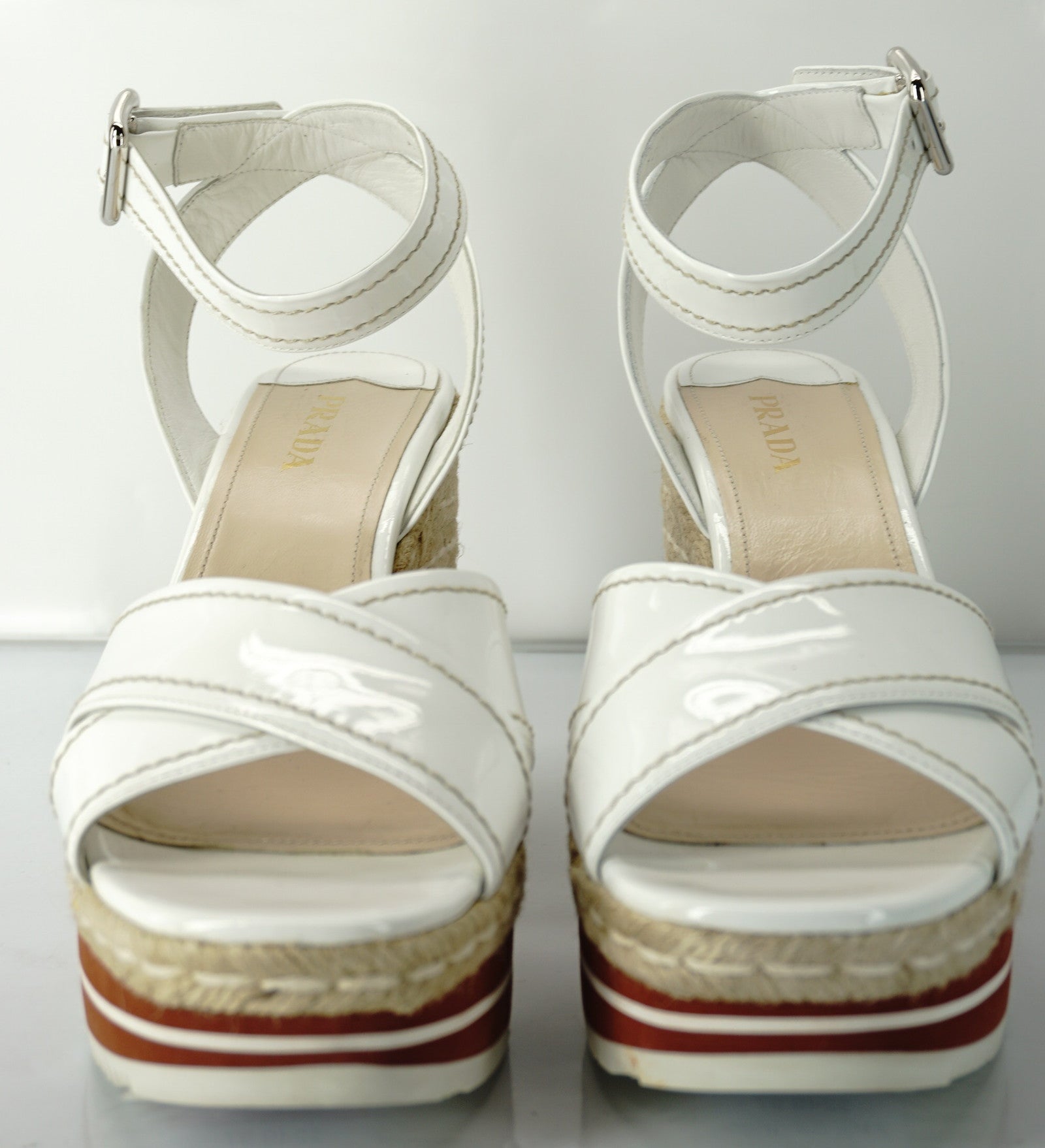 Prada White Leather Ankle Strap Espadrille Wedge Sandals Size 11 41 $850 NIB