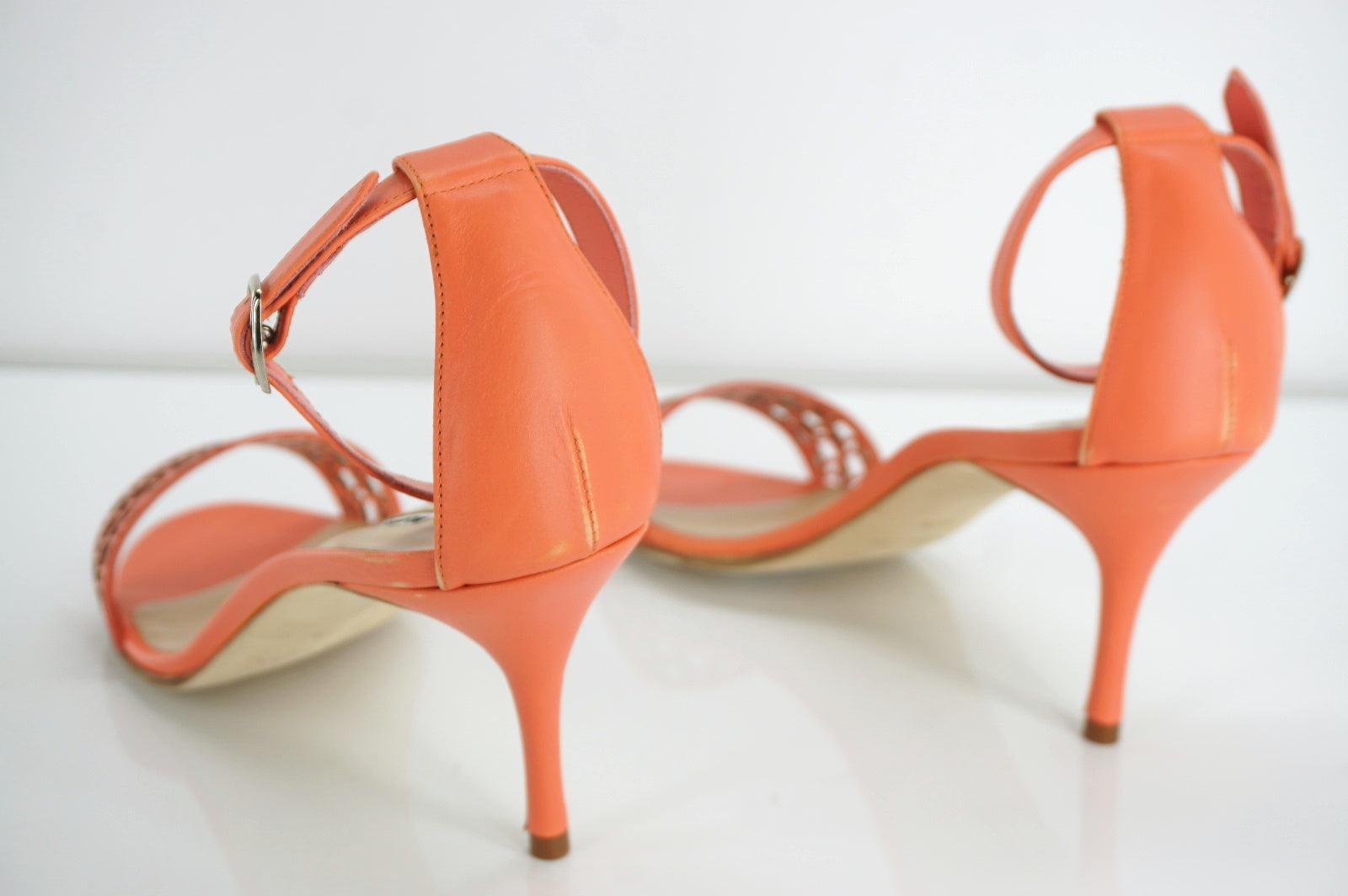 Manolo Blahnik Coral Leather Maurila Ankle Chaos Cuff Sandals size 36.5 NIB $815