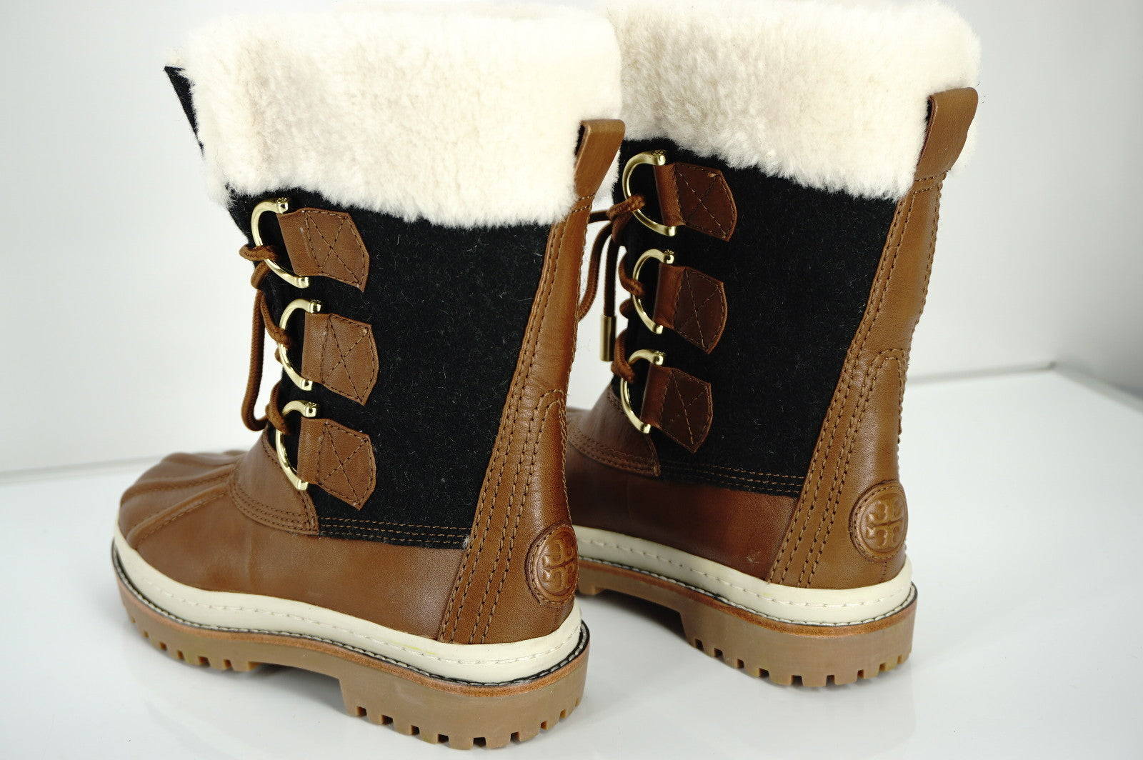 Tory Burch Grey Flannel Brown Leather Duck Boots Size 5 Shearling Trim NIB $295