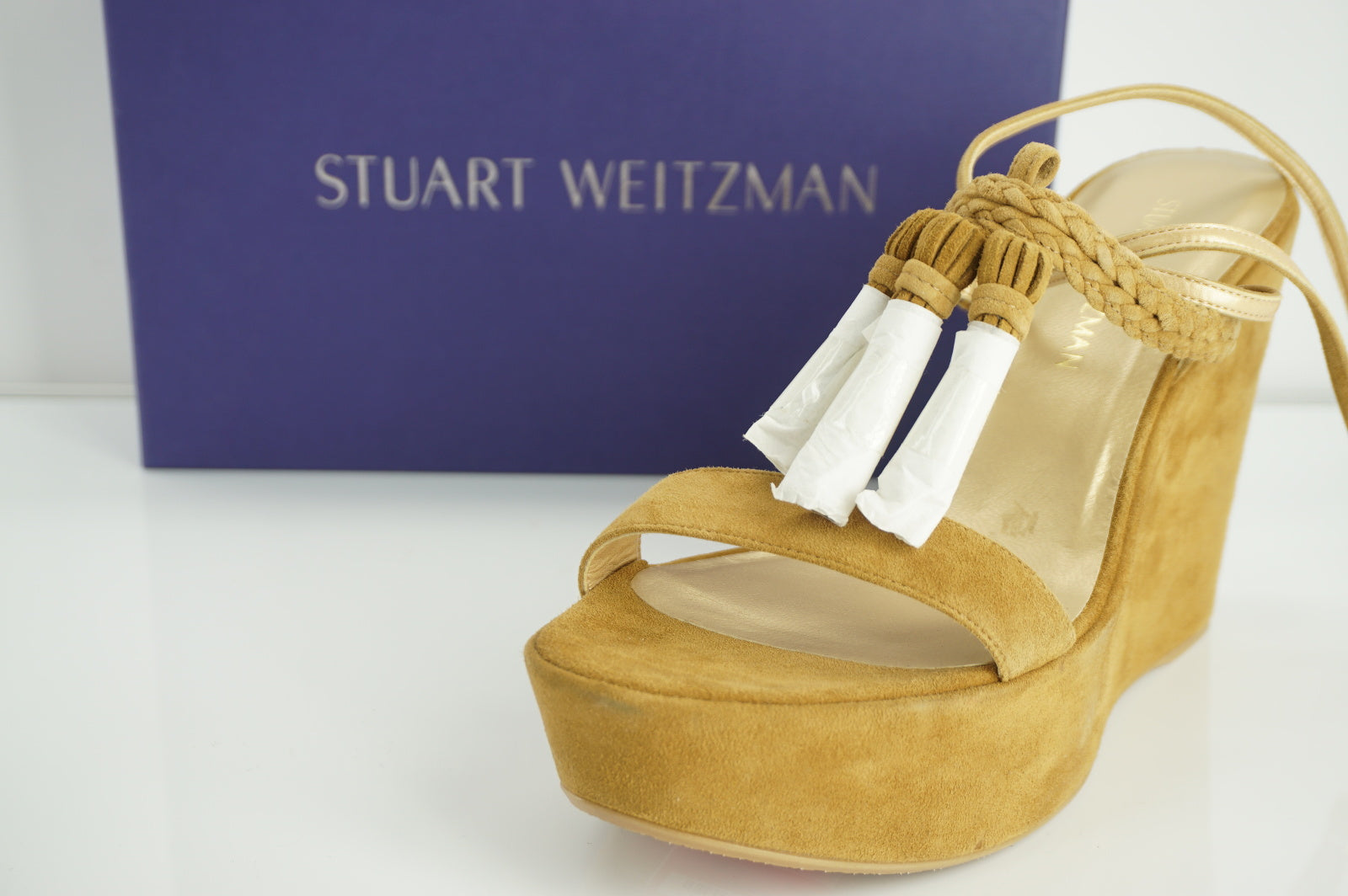 Stuart Weitzman Tasselmania Camel Suede Wedge Sandal Size 10 NIB $455
