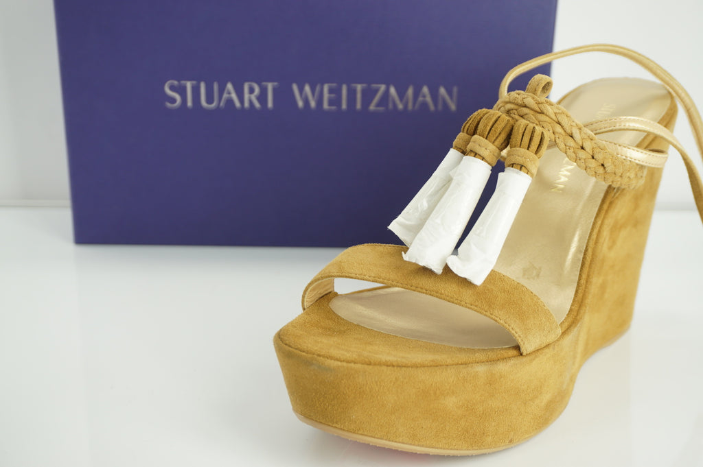 Stuart Weitzman Tasselmania Camel Suede Wedge Sandal Size 10 NIB $455