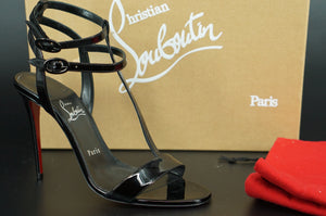 Christian Louboutin Mara 100Black Patent Sandals Size 39.5 T Strap Ankle