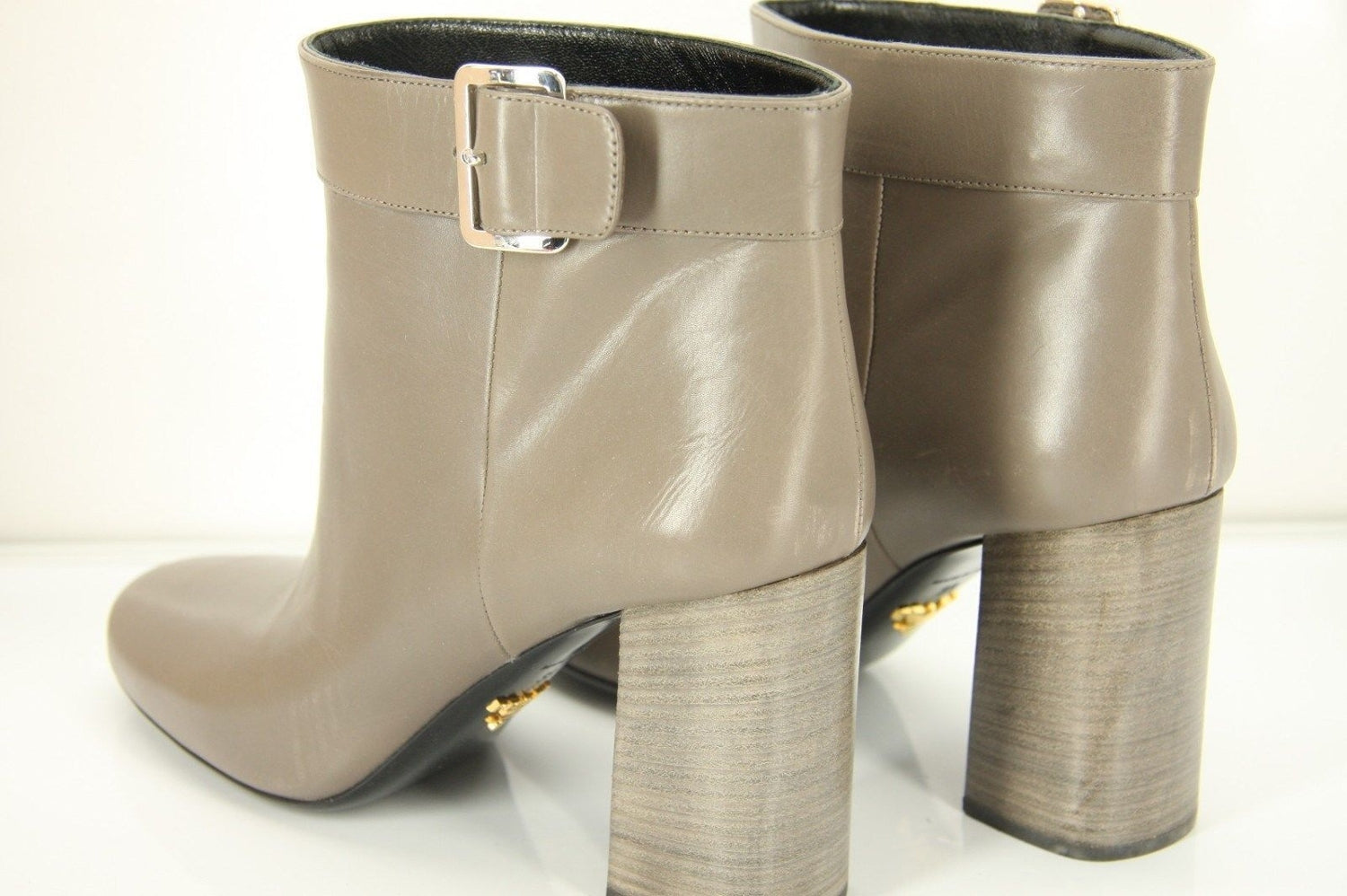 Prada Grey Block Heel Ankle Short Booties Size 39 Buckle Top High NIB $950