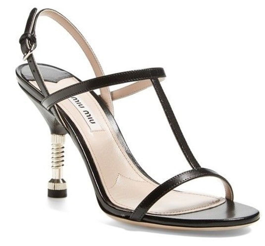 Miu Miu Black Leather Screw Bolt Heel T Strappy Sandal Size 40 10 New $690