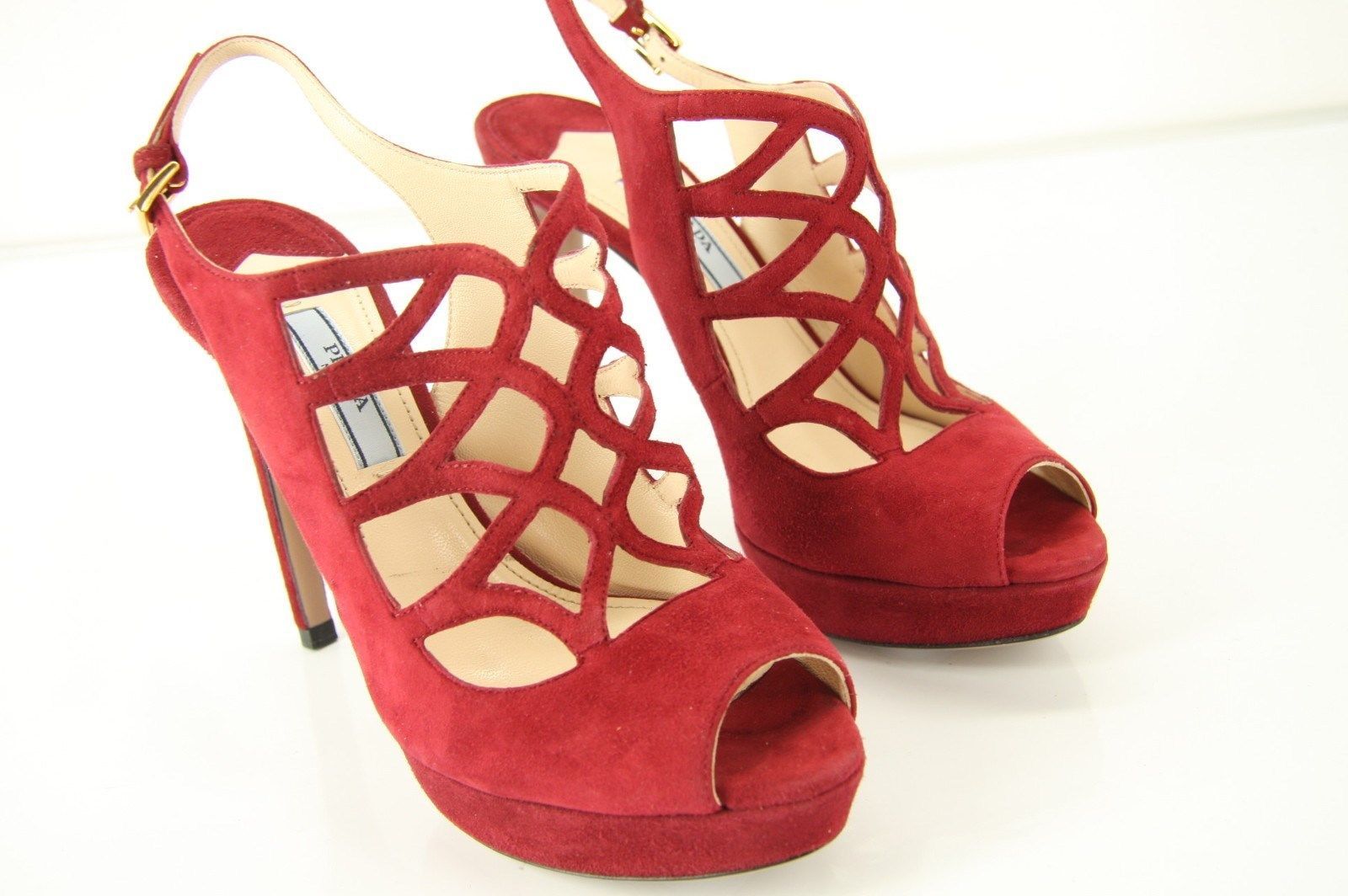 Prada Caged Red Suede Strappy Platform High Heel Sandals Size 36.5 New $850