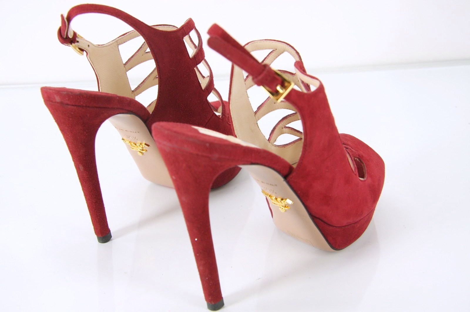 Prada Caged Red Suede Strappy Platform High Heel Sandals Size 36.5 New $850