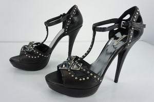 Miu Miu Black Leather Studdt T strap Platform Heels Sandals Size 37.5 $985 Prada