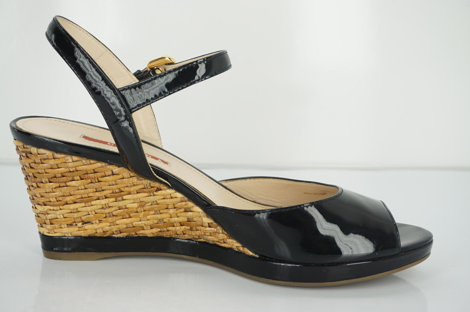 Prada Sport Black Patent Ankle Strap Woven Raffia Wedge Heel Sandals Size 39