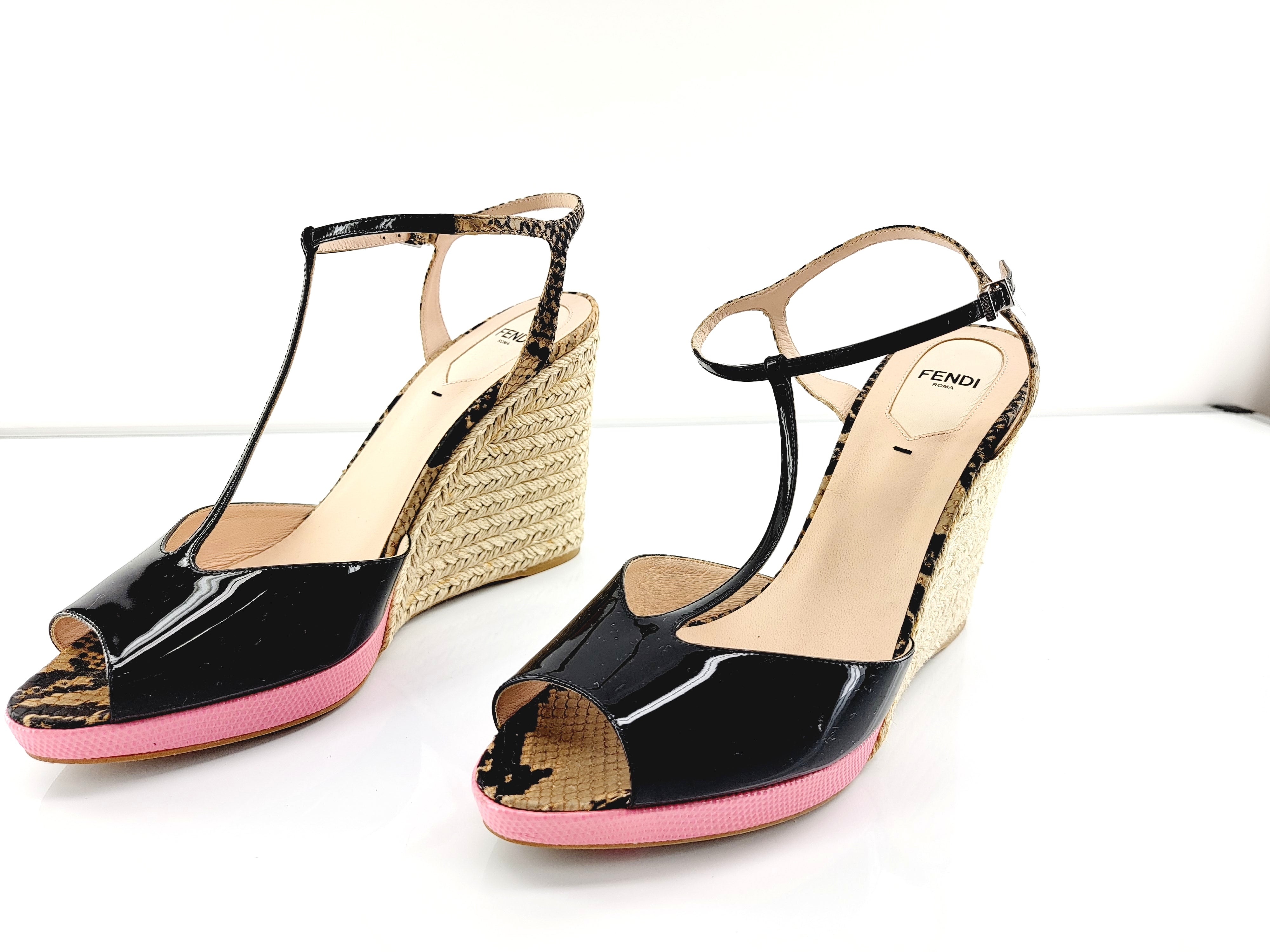 Fendi Black Patent T Strap Pink Platform Espadrille Sandal SZ 42 12 US New $700