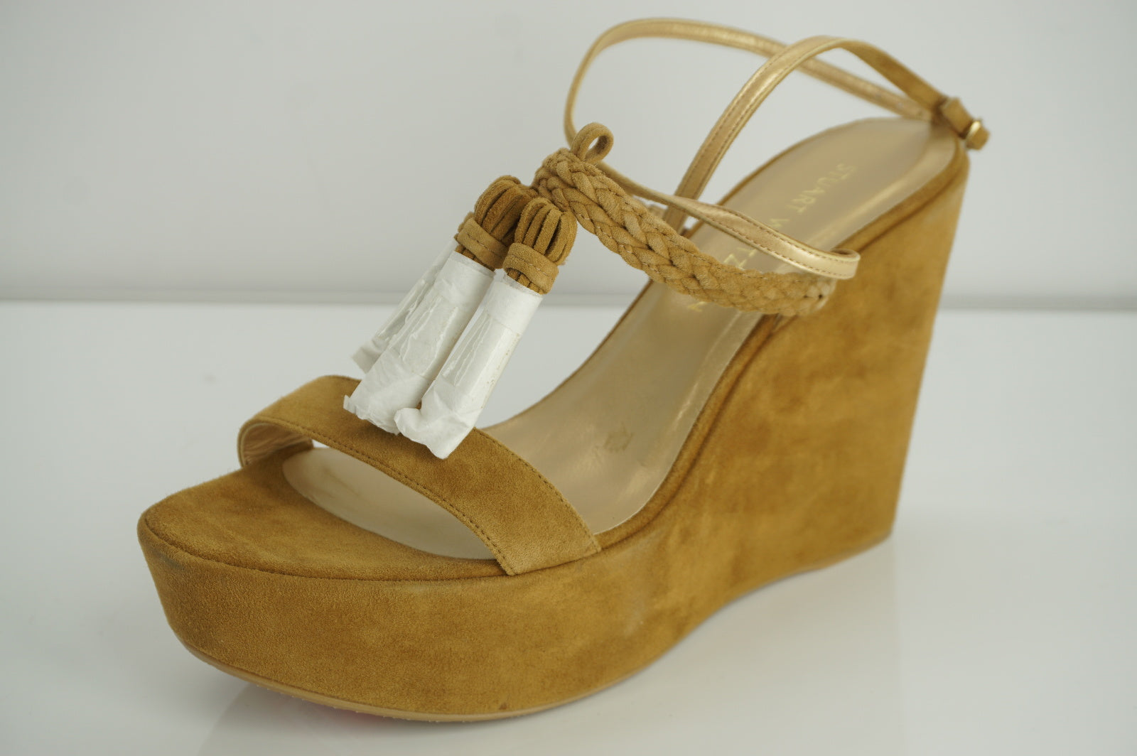 Stuart Weitzman Tasselmania Camel Suede Wedge Sandal Size 10 NIB $455