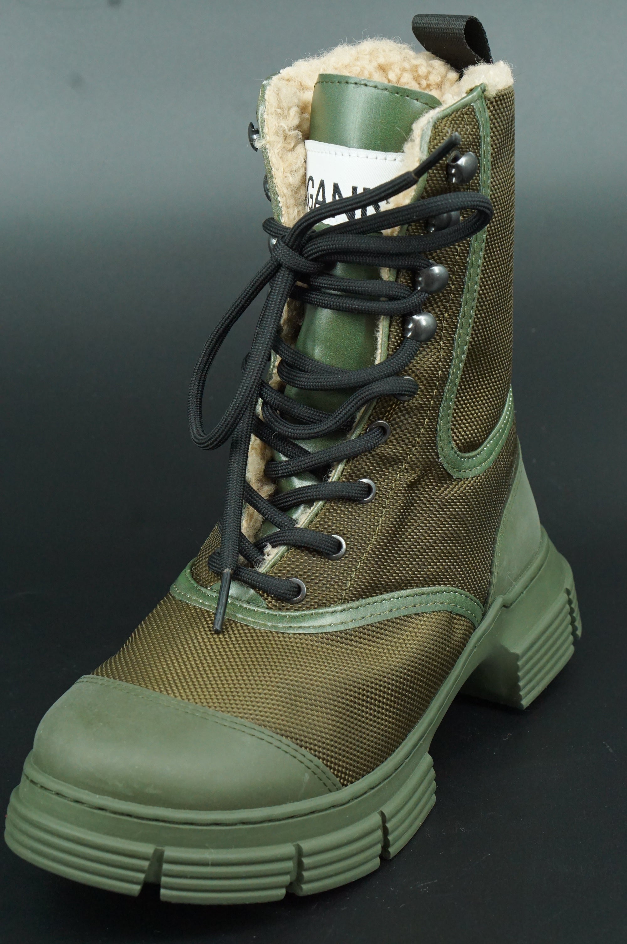 GANNI Shearling Hiking Ankle Combat Boots Size 36 New $375 Green Tubular Rubber