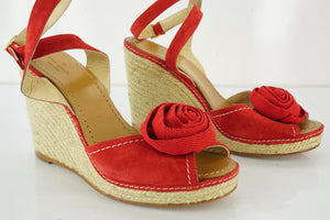 Kate Spade New York Red Suede Brit Flower Toe Wedge Heel Sandals Size 10.5 NIB