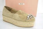 Miu Miu Beige Suede Crystal Jewel Toe Platform Espadrilles SZ 42 12 Slip on $790