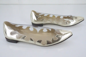 Stuart Weitzman Gold Leather 'Scrolly' Clear Flames Pointy Flats SZ 5.5 New $375