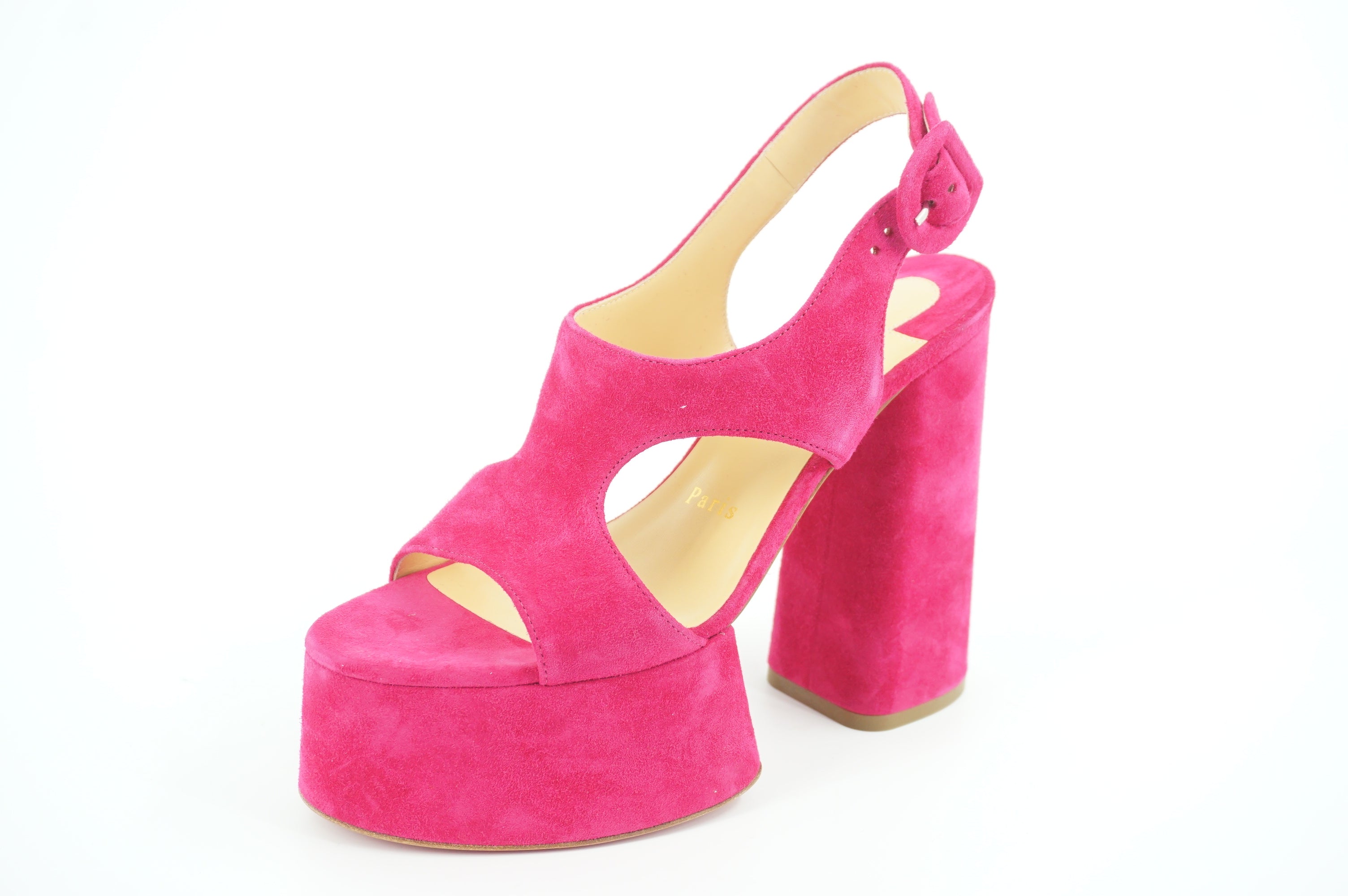 Christian Louboutin Foolish 130 MM Platform Sandal Pink Suede Size 6 Womens Bright