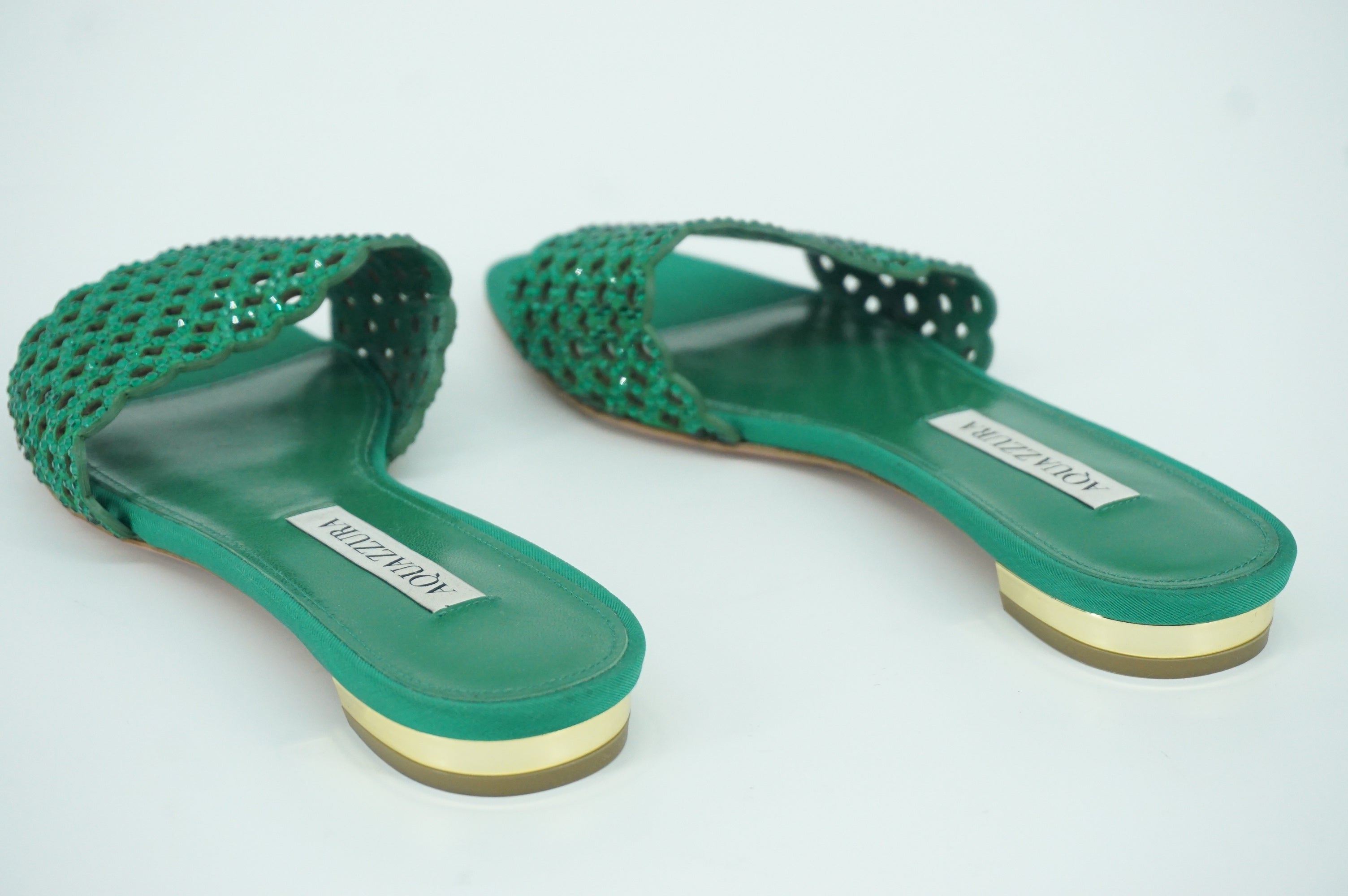 Aquazzura Candy Crystal Embellished Cutout Slide Sandal Satin Flats SZ 36 $895