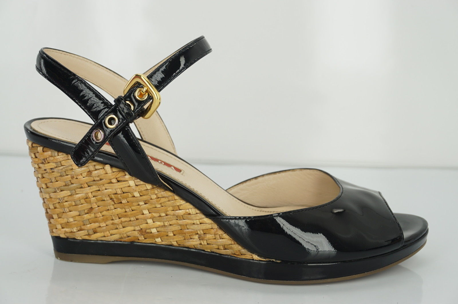 Prada Sport Black Patent Ankle Strap Woven Raffia Wedge Heel Sandals Size 39