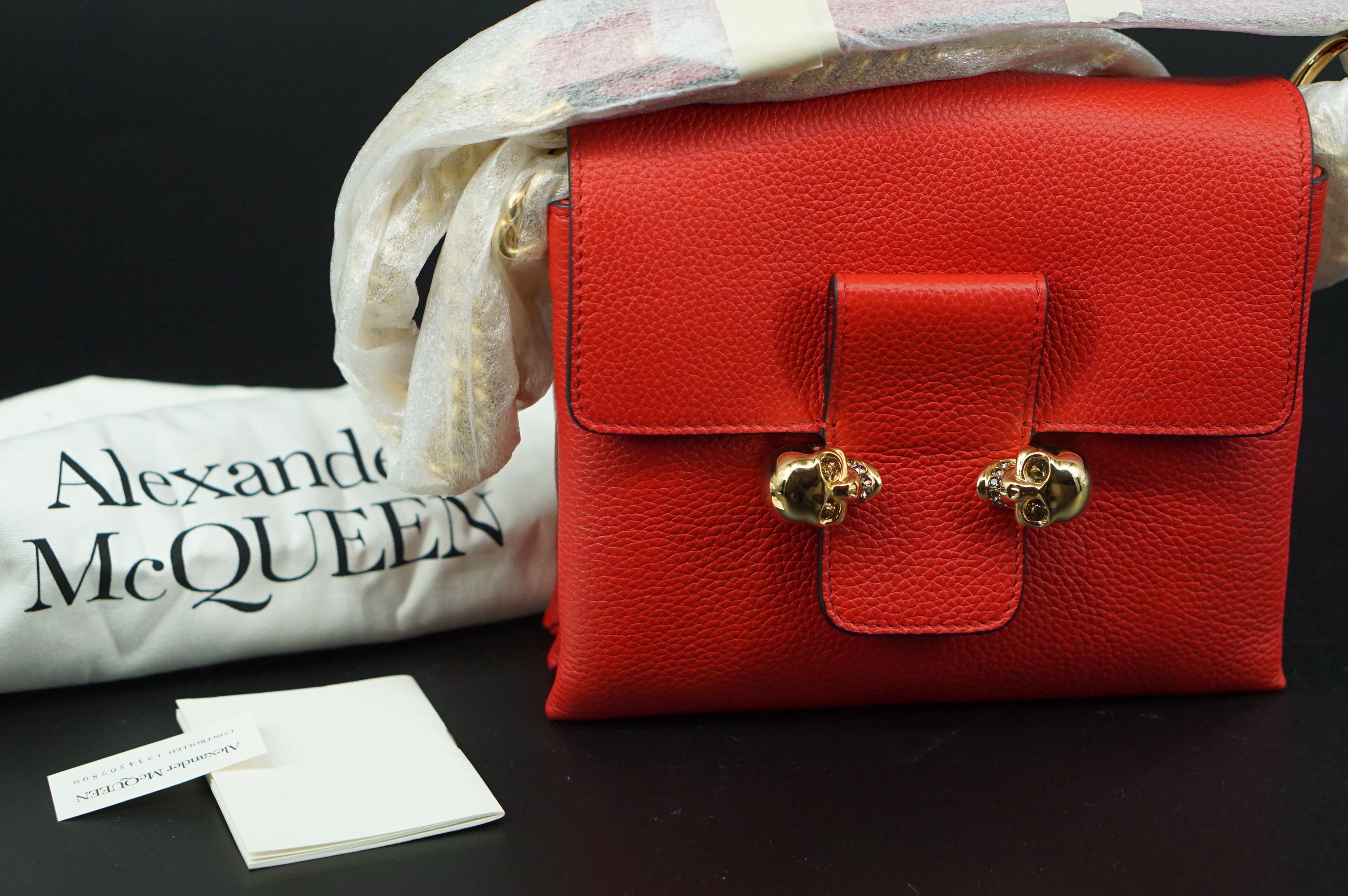 Alexander McQueen Small Twin Skull Chain Red Leather Crossbody Bag $1695 chain